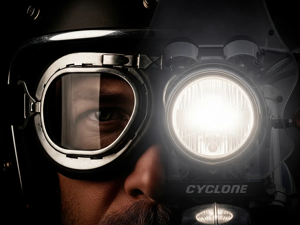 Motorista con gafas clásicas junto al faro de su moto